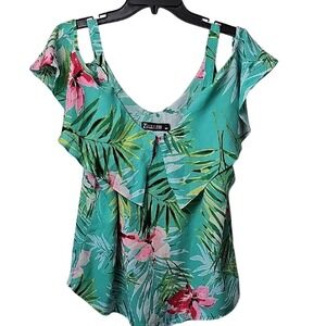 Tropical Green Floral Cold Shoulder Blouse Size Large 7th Avenue Womens